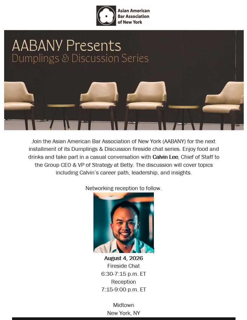 AABANY Dumplings and Discussion Series flyer featuring Calvin Lee of Betty