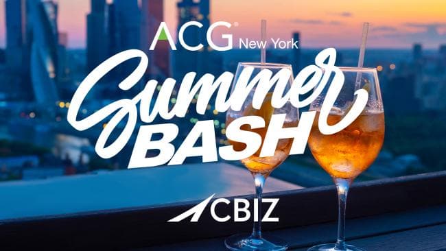 ACG New York Summer Bash 2026 event artwork with Midtown skyline and CBIZ hosting