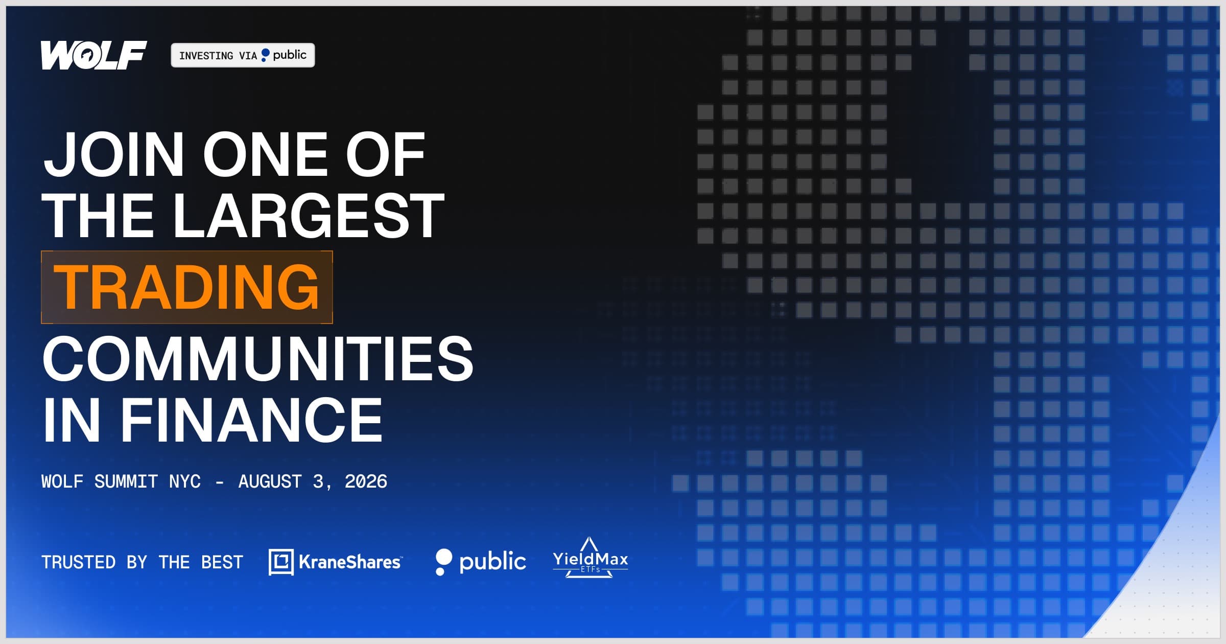 WOLF Summit NYC August 3, 2026 promotional banner with Public.com co-host branding