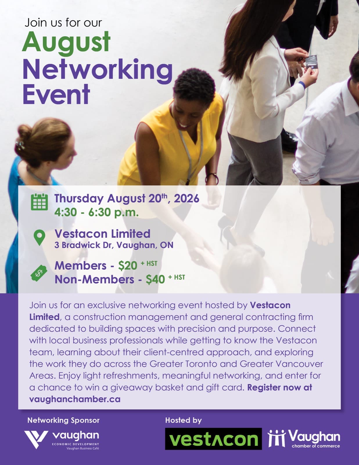 Vaughan Chamber of Commerce August Networking event flyer at Vestacon