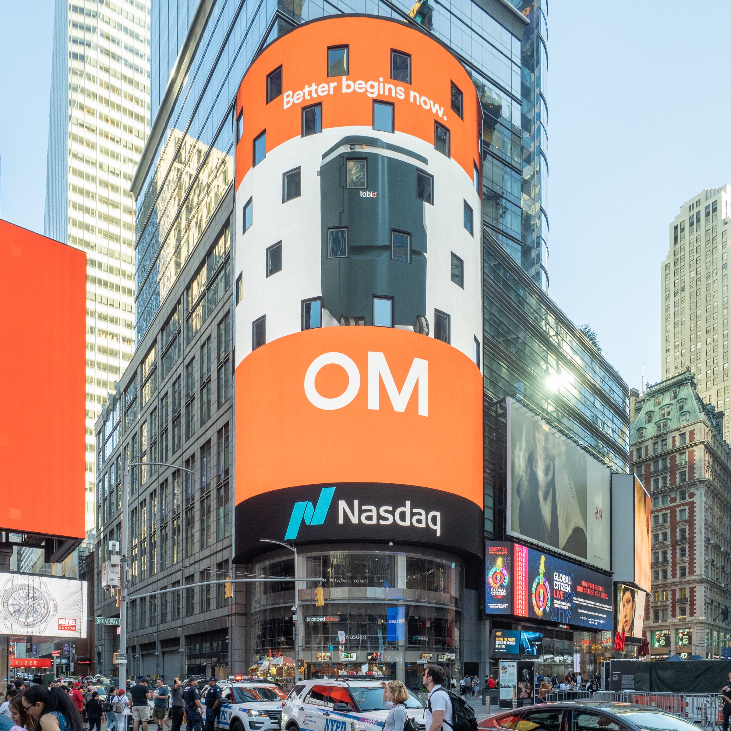 Nasdaq MarketSite tower and electronic ticker display in Times Square