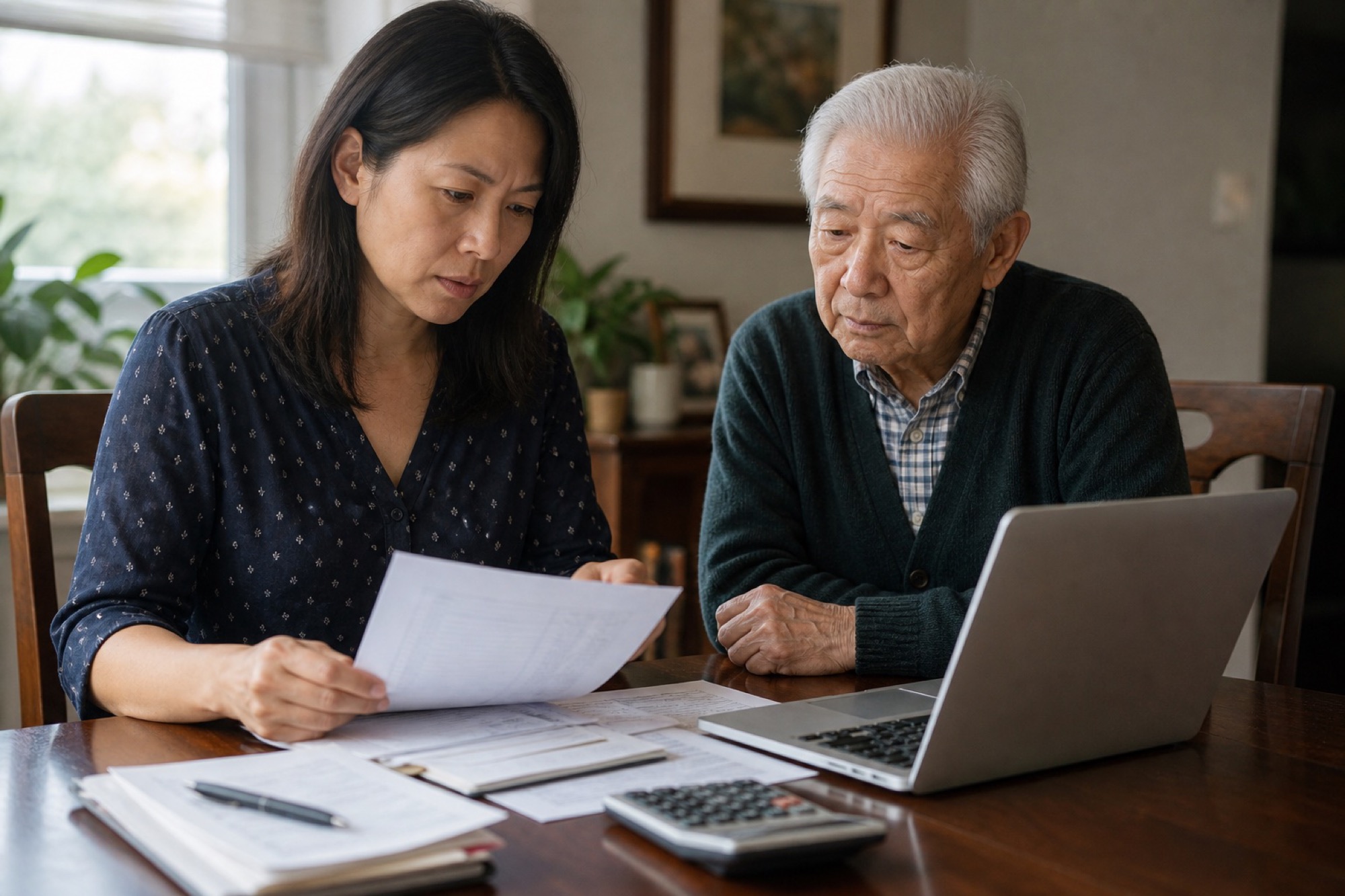 Asian American woman in her forties reviewing financial documents at a dining table while an older parent sits nearby