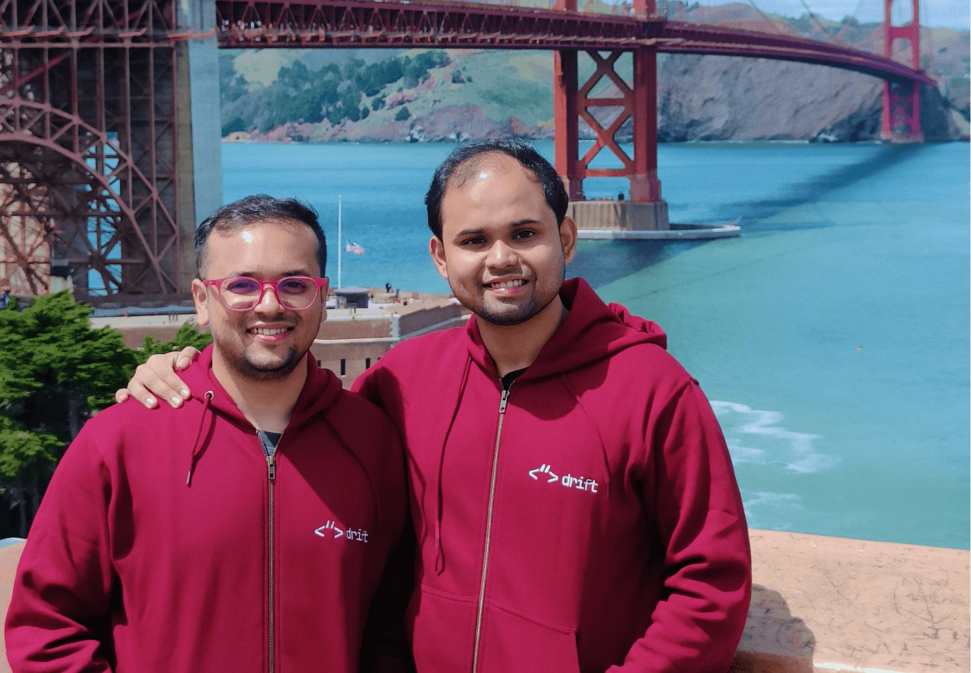 Drift co-founders Sanjil Jain and Nikhil Kumar overlooking the Golden Gate Bridge in San Francisco