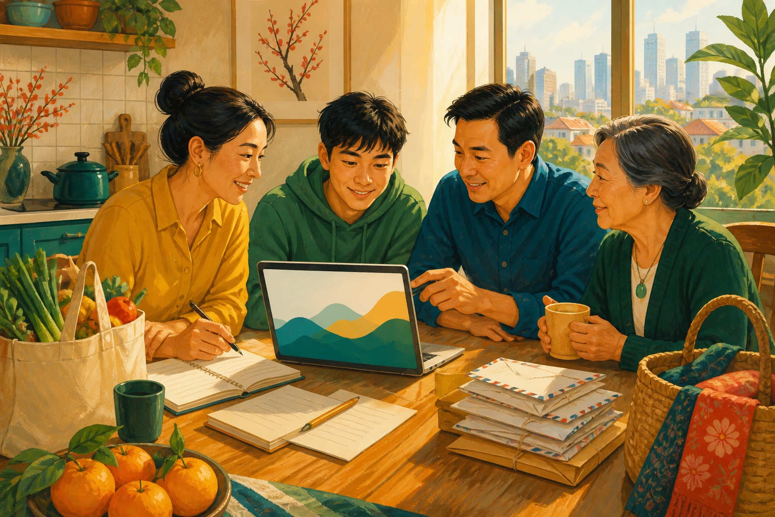 Colorful illustration of a multigenerational Asian American family at a sunlit kitchen table reviewing a laptop and notebooks, with groceries and a city skyline beyond the window