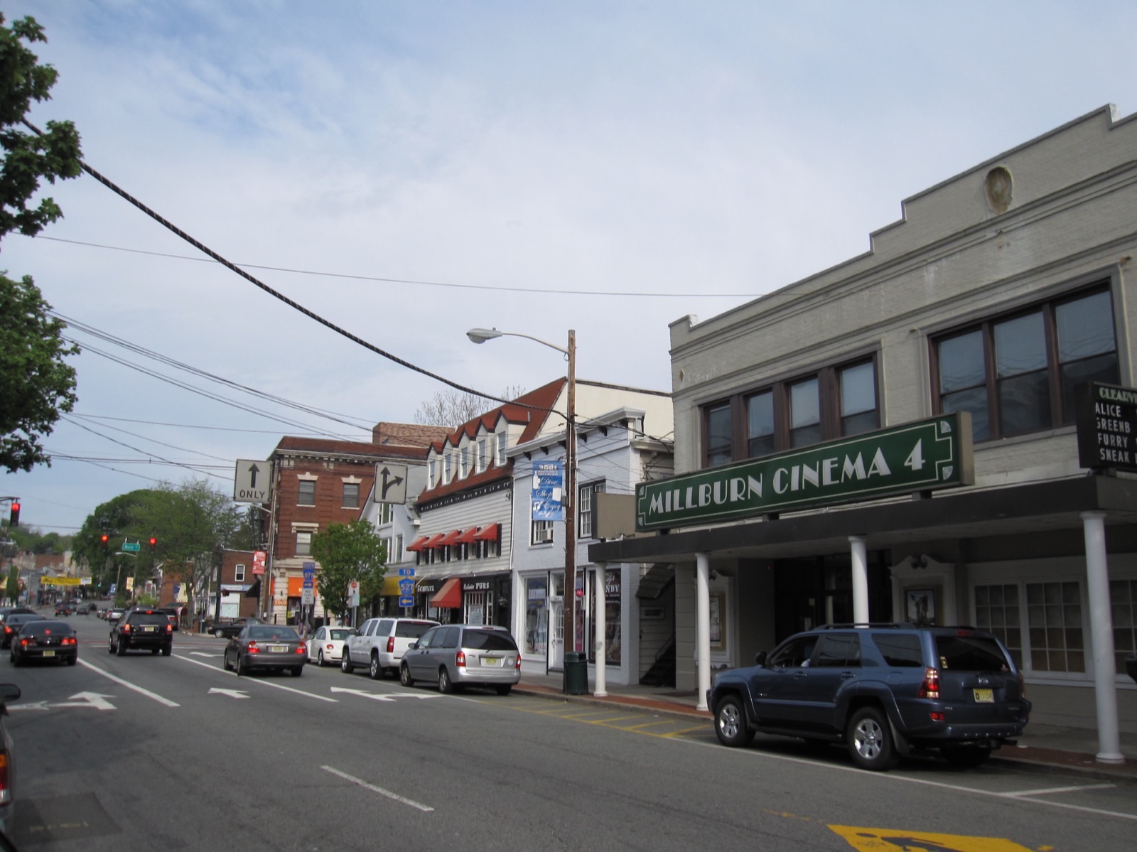 Storefronts and trees along Millburn Avenue in Millburn, New Jersey