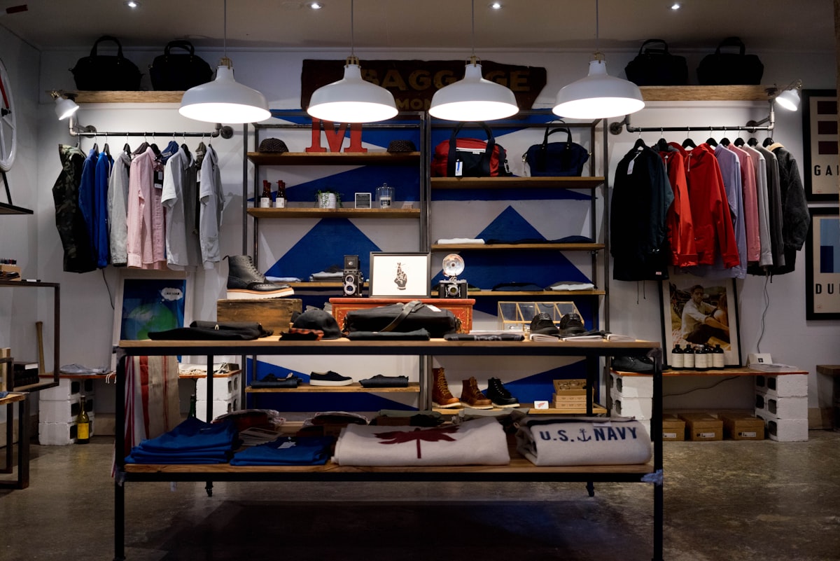 Retail shop interior with clothing and merchandise on display