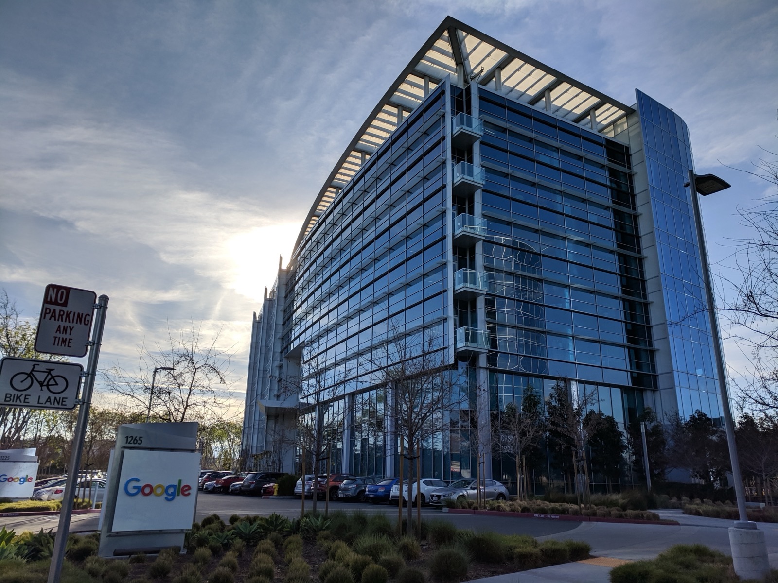 Google office building and campus sign at 1265 Crossman Avenue in Sunnyvale, California