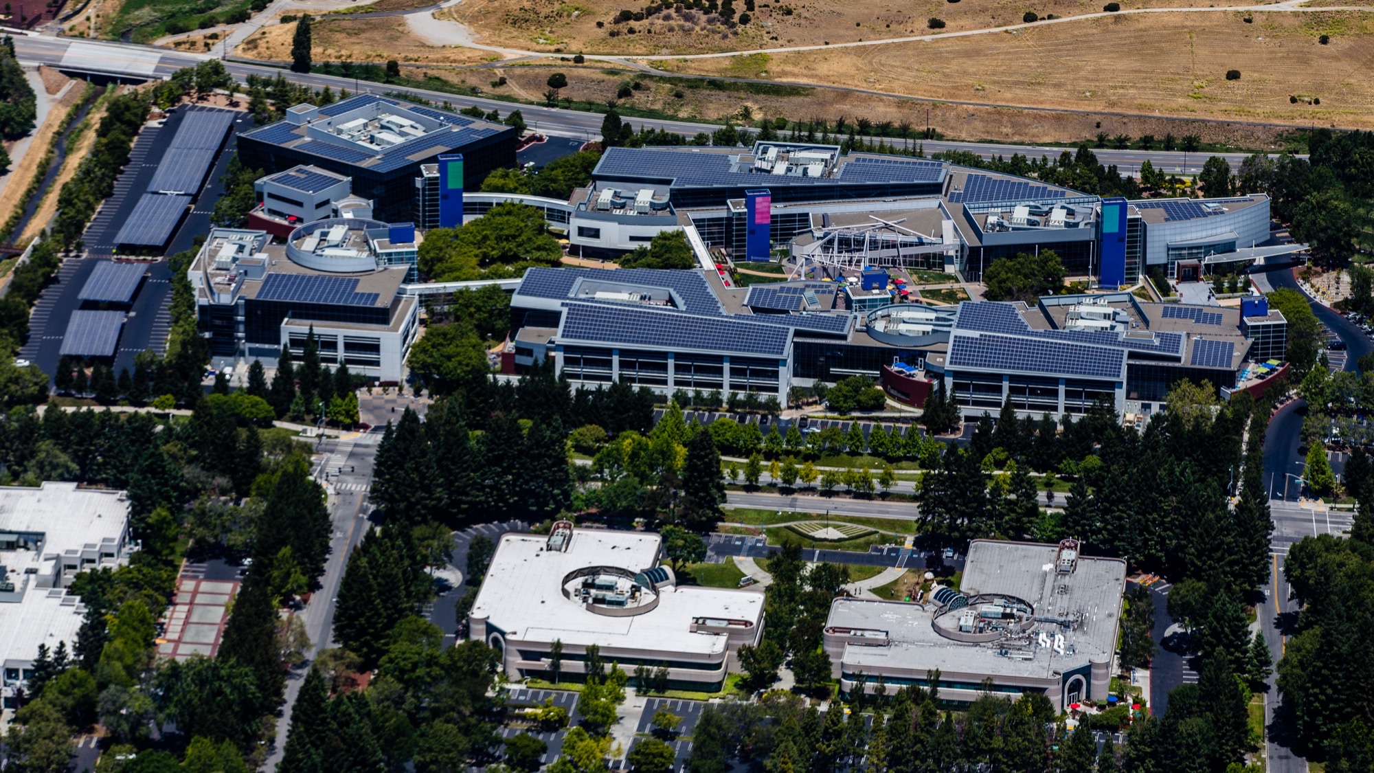 Aerial view of the Google campus in Mountain View, California