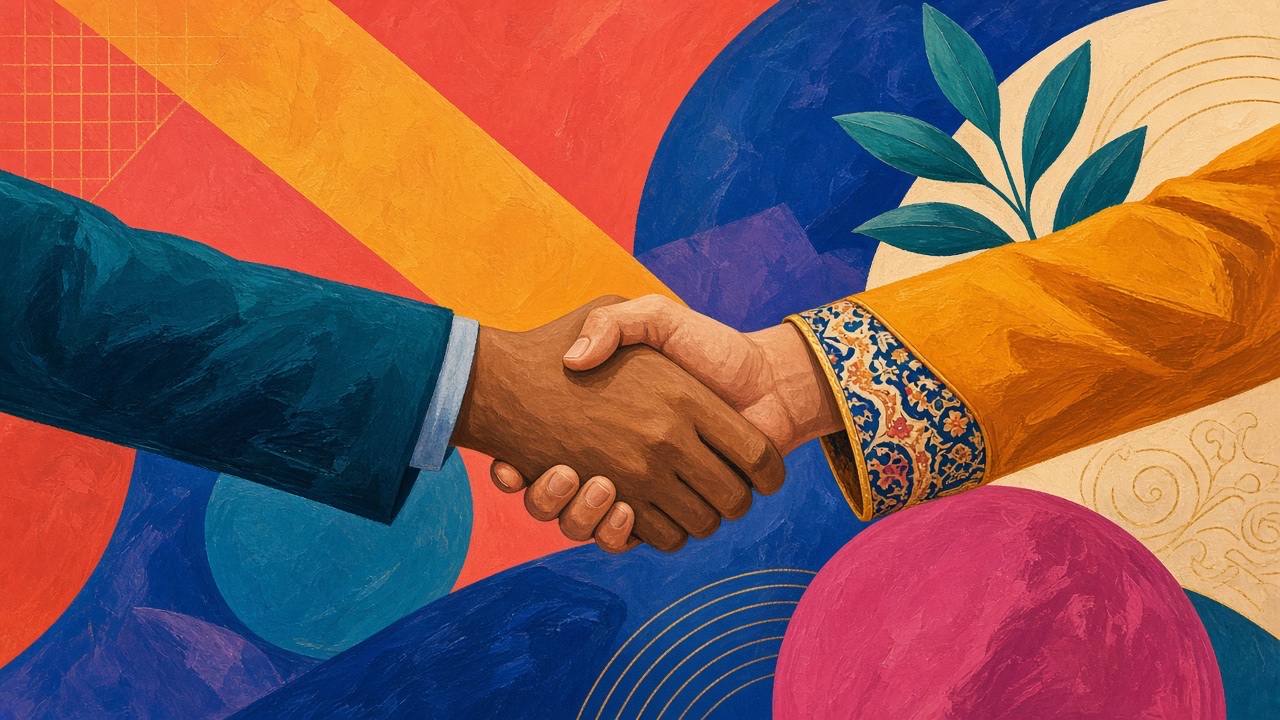 Colorful illustration of a professional handshake, one teal sleeve and one gold sleeve with a patterned cuff, against coral, cobalt, and magenta shapes