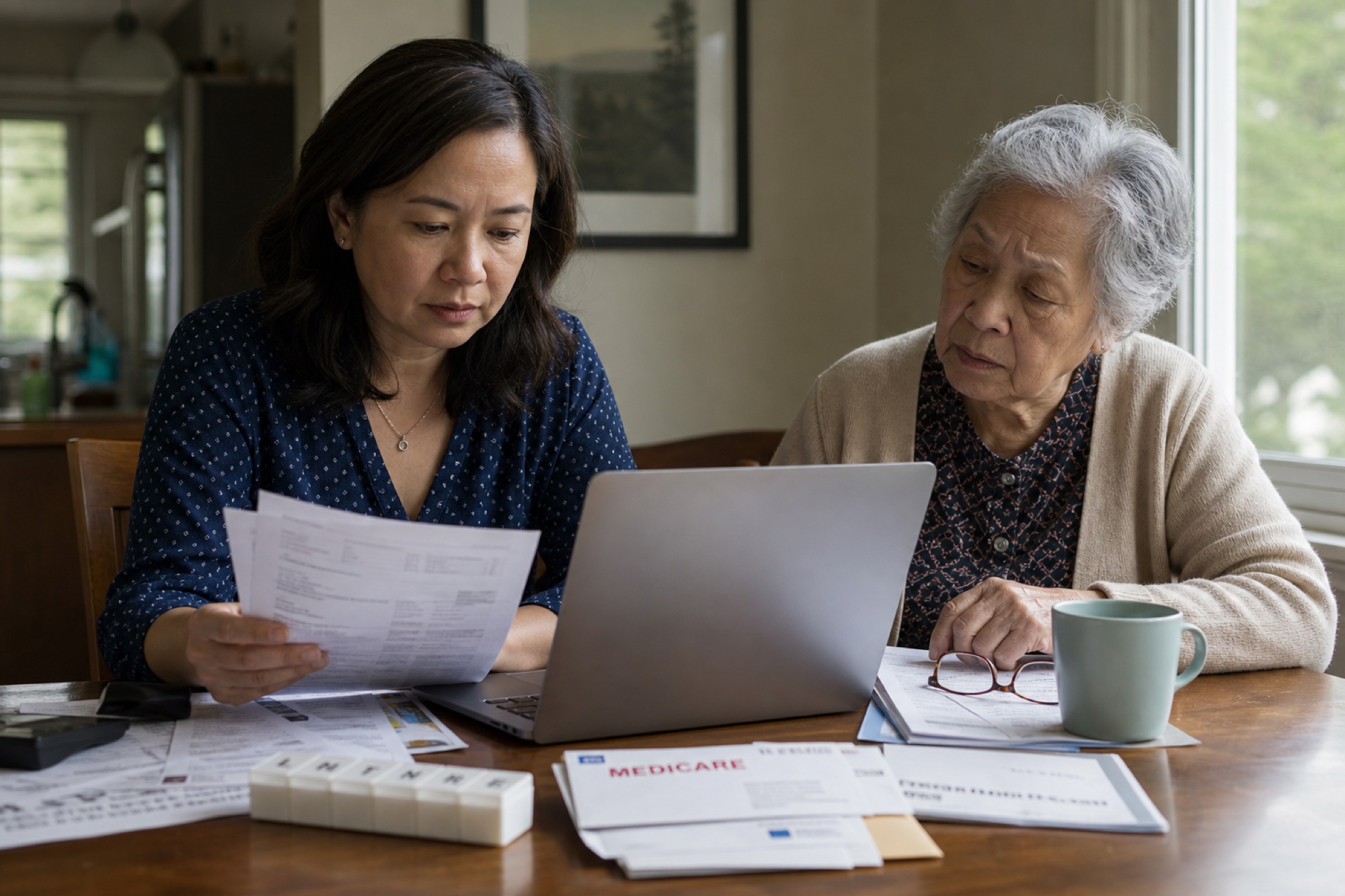 Middle-aged adult reviewing bills and insurance documents at a table beside an older parent at home