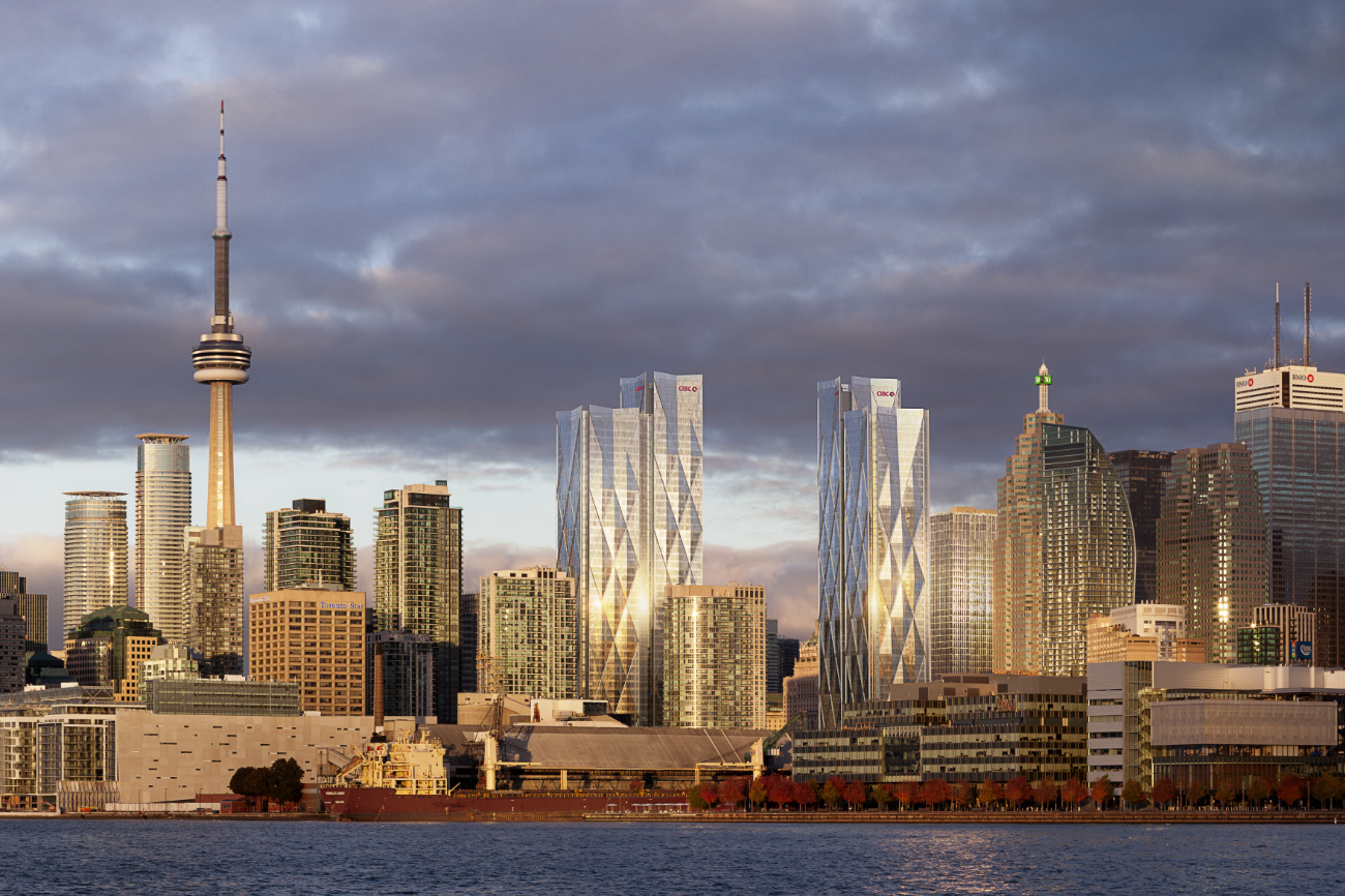 CIBC Square towers on the Toronto waterfront skyline at golden hour