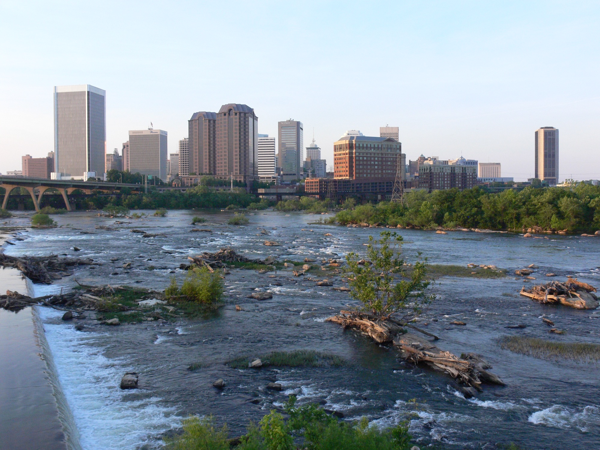 Downtown Richmond skyline across the James River rapids