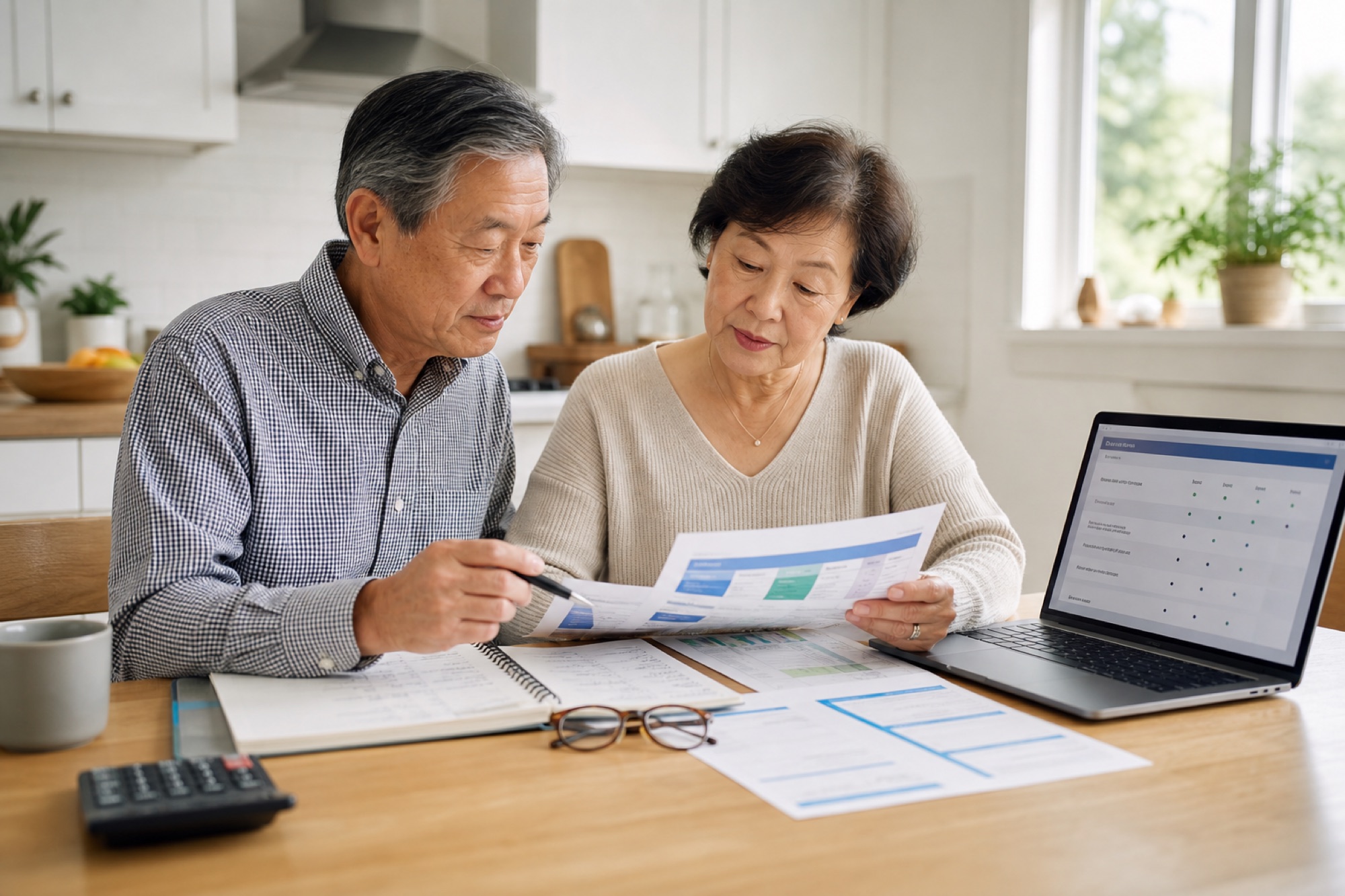 Asian American couple in their early sixties comparing health insurance plan documents at a kitchen table