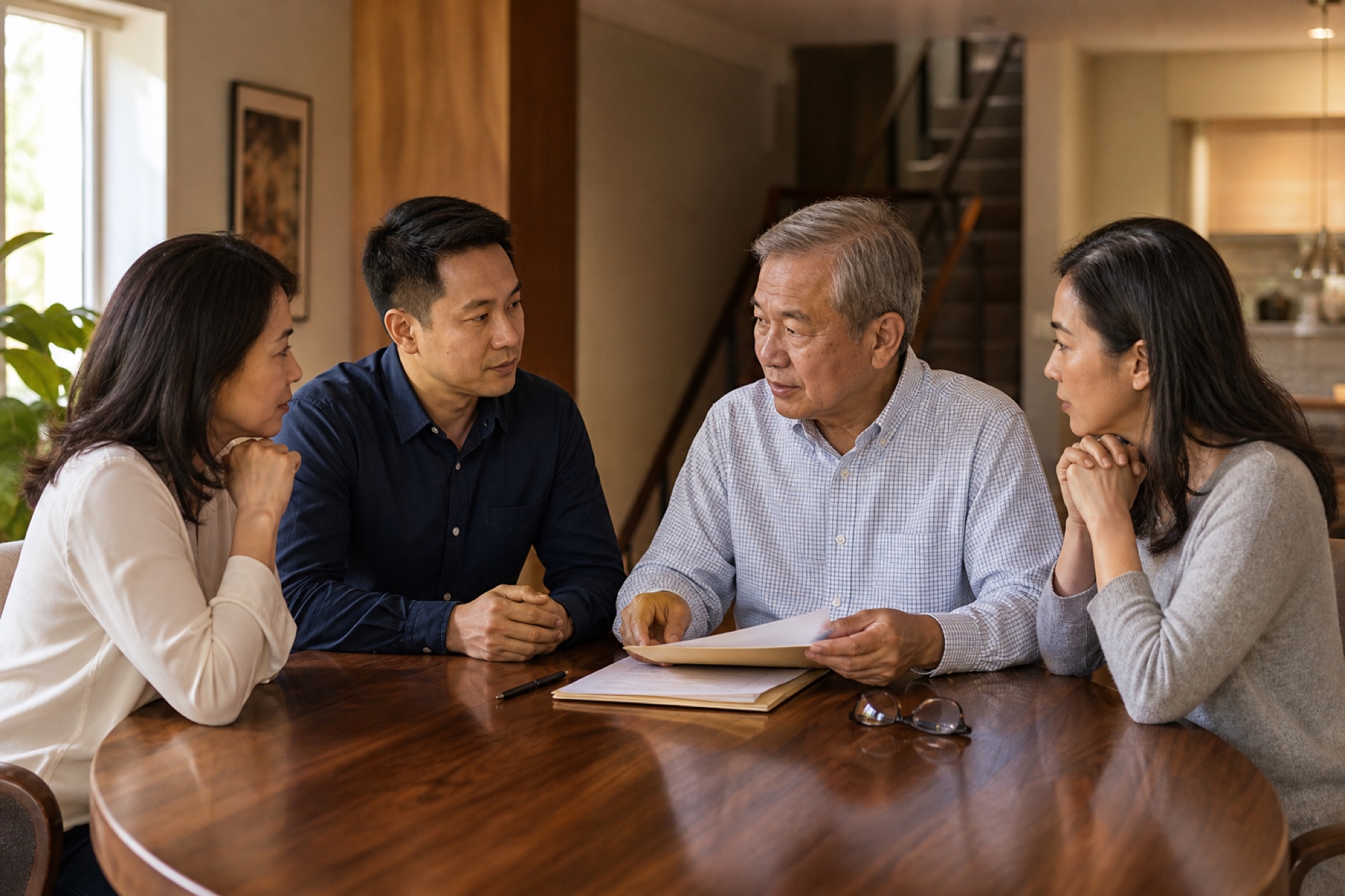 Three adult Asian American siblings and their older father discussing estate documents at a dining table