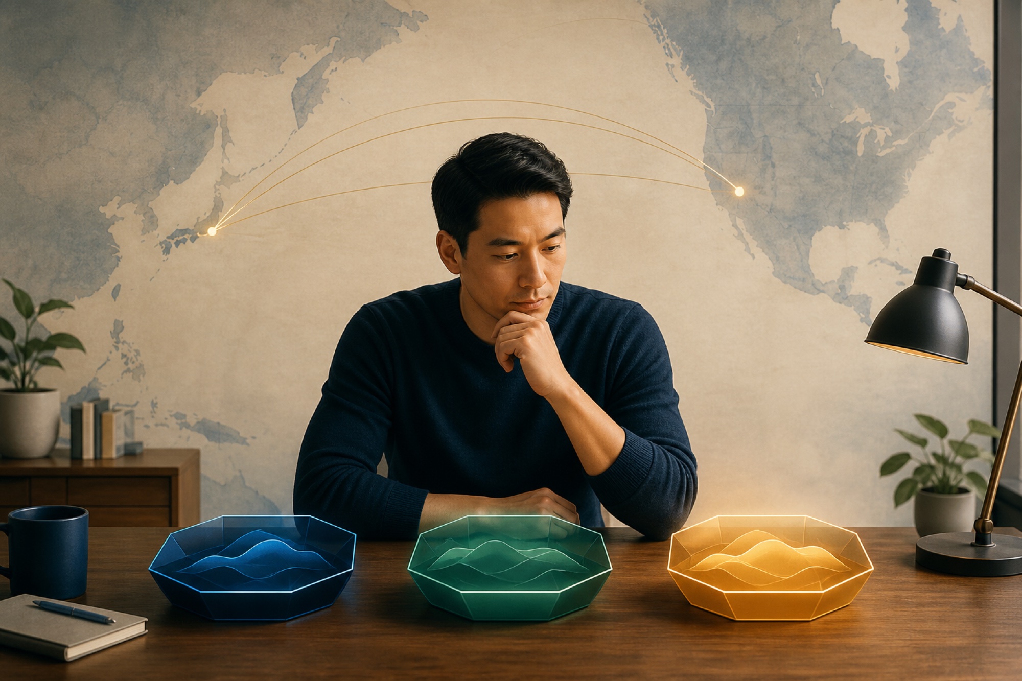 Editorial illustration of an Asian American professional at a desk with three glowing pools of capital in navy, jade, and gold, and subtle lines across a Pacific map