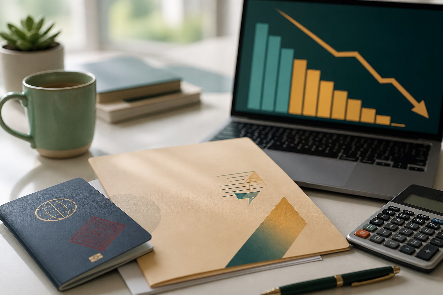 Editorial still life of a U.S. passport, petition folder, calculator, and laptop showing a downward teal and gold chart on a sunlit desk