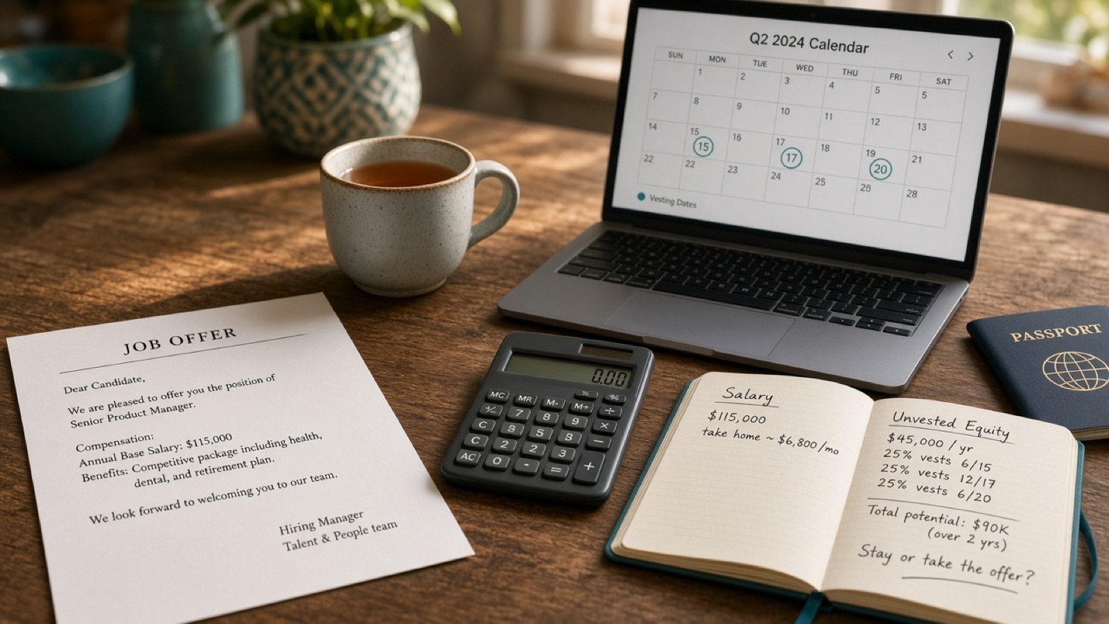 Kitchen table with a printed job offer letter, laptop showing a vesting calendar, calculator, tea mug, and notebook comparing salary and equity numbers