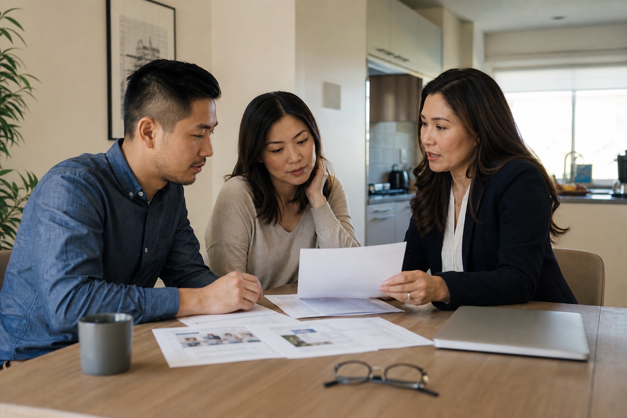 Asian American first-time buyer couple reviewing mortgage paperwork at a kitchen table with a home lending adviser