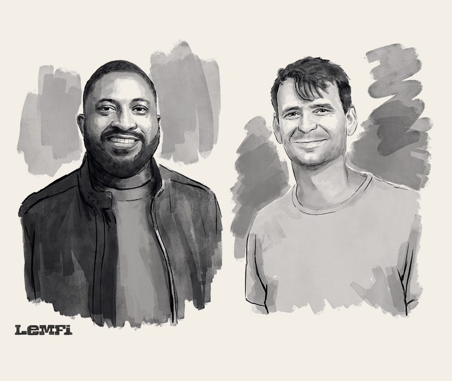 Illustrated portraits of LemFi cofounders Ridwan Olalere and Rian Cochran