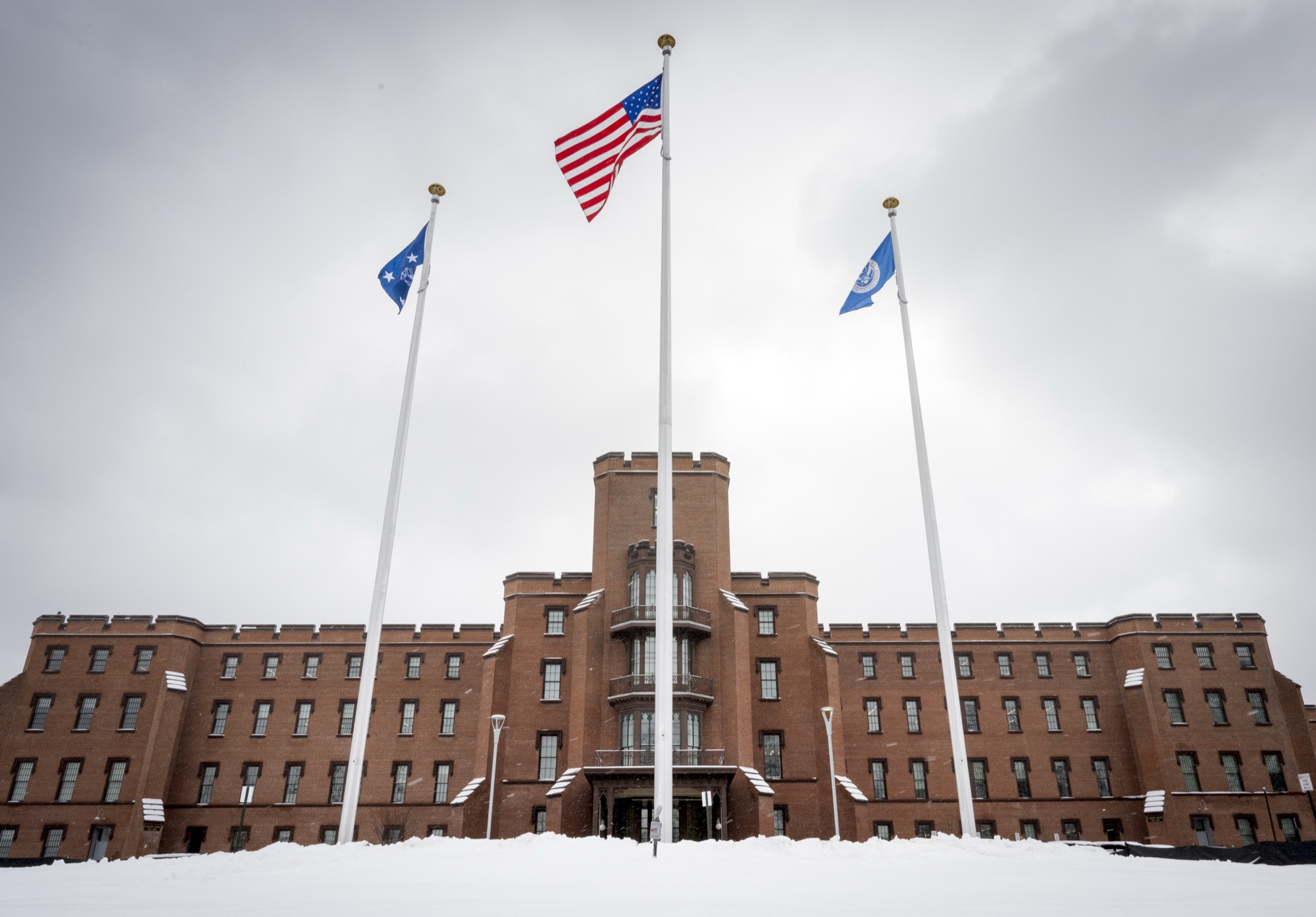Snow on the grounds at the ceremonial entrance of Department of Homeland Security headquarters at St. Elizabeths in Washington