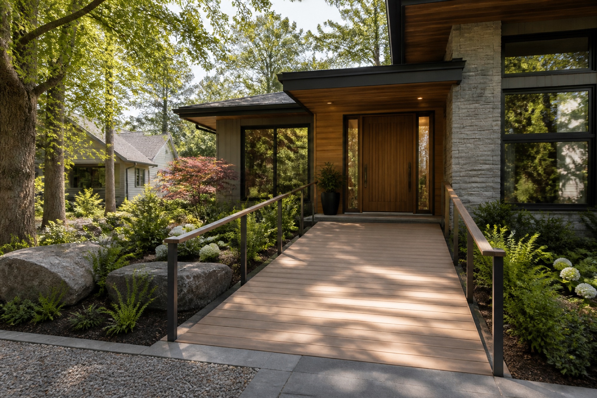Contemporary home entry with a discreet accessibility ramp, wide doorway, and integrated handrails