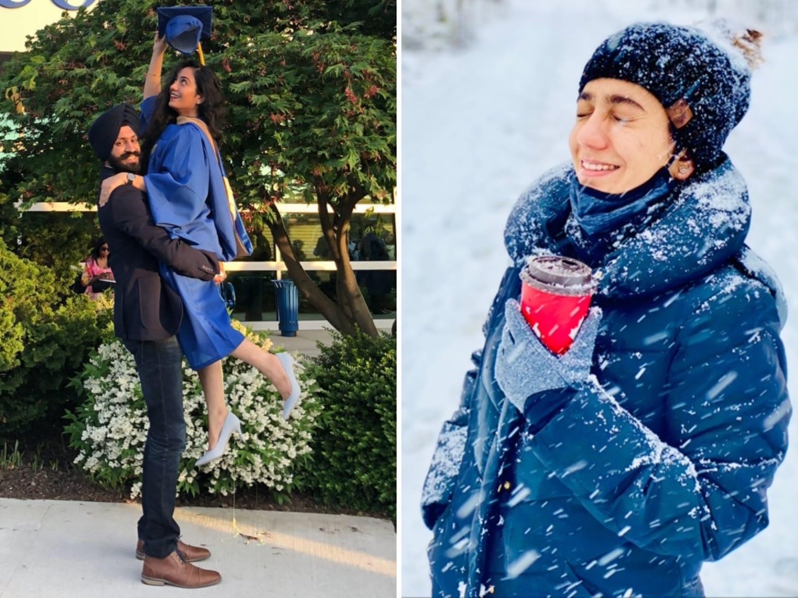 Shrutinder Kaur at graduation with her husband, and later in Canadian snow with coffee